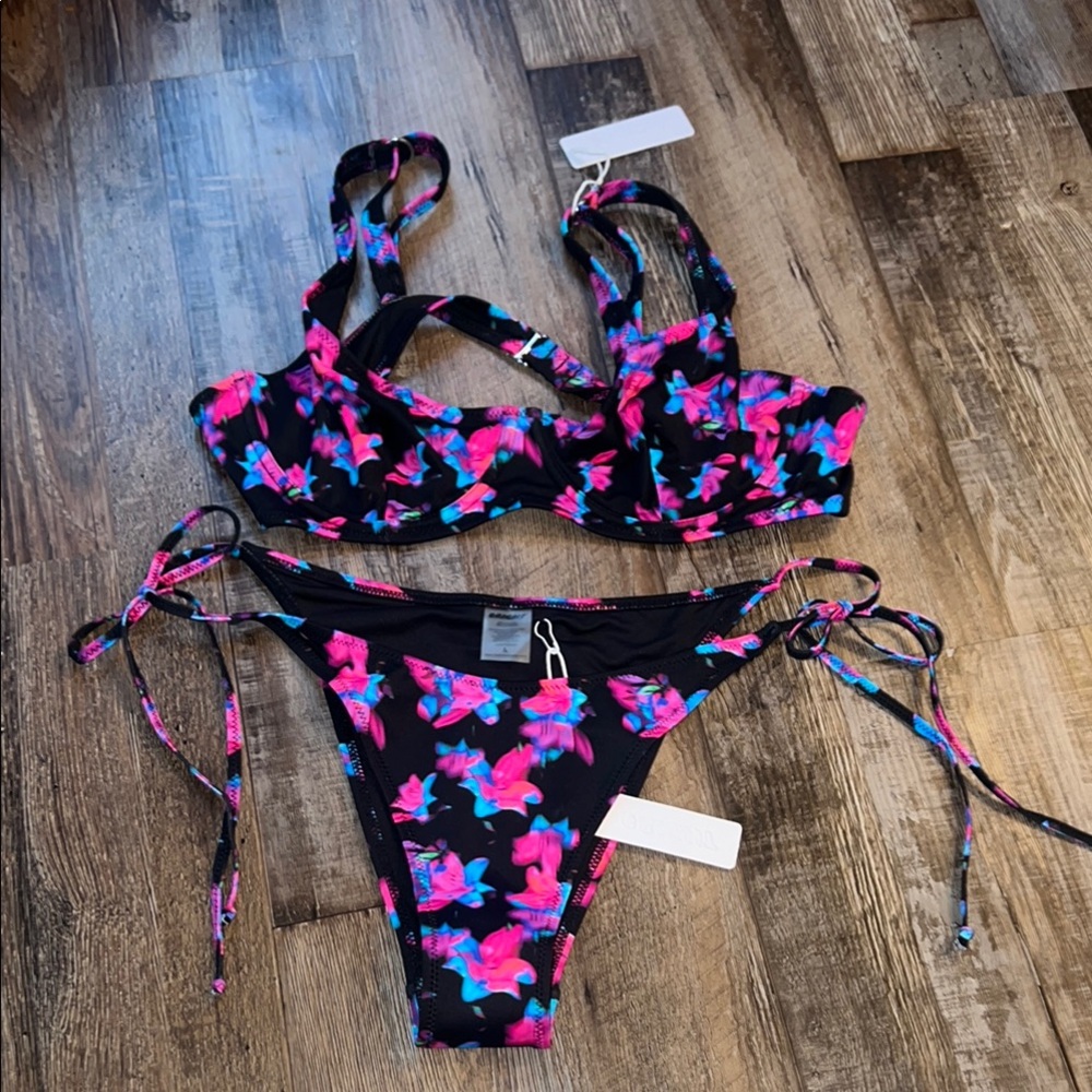 Black Bikini Set with Pink & Blue Floral Print